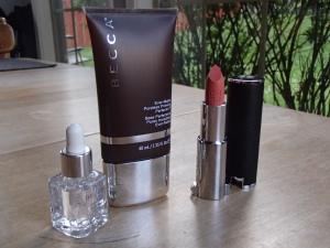 Left to right: Laura Mercier Tightline Activator Fluid, Becca Ever-Matte Poreless Priming Perfector, Givenchy Le Rouge Beige Plume